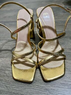 ZARA Metallic Gold Strappy Block Heel Sandals